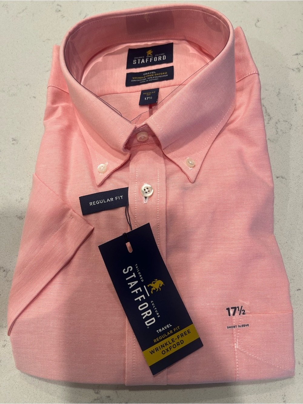 NWT Stafford Men’s Short Sleeve Button-Down Oxford in Coral - Regular fit 17.5